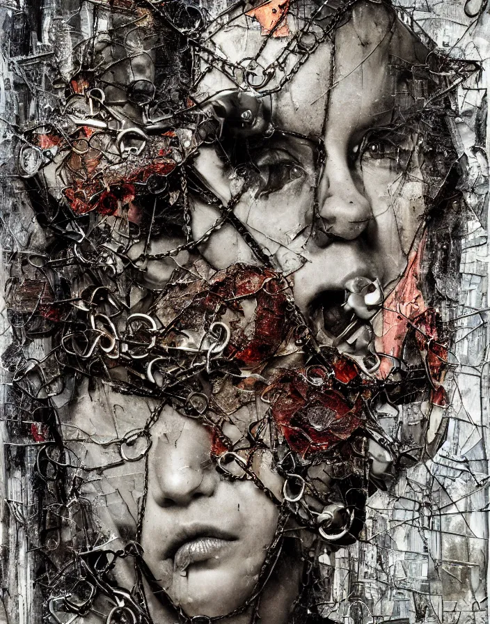 Prompt: chained and locked depravity, mixed media collage, assemblage, photomontage, oil painting, minimalist, contemporary art, punk art, photorealistic, portrait, expressionism, masterpiece, dynamic composition, spectacular quality, intricate details, shattered glass texture, chains, smoke, water
