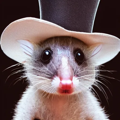 Prompt: candid photo of a cute opossum wearing a lil top hat