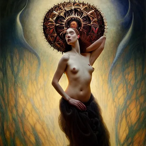 Image similar to surrealist, unique non conventional beauty, fantasy, intricate, elegant, dramatic lighting, emotionally evoking symbolic metaphor, highly detailed, lifelike, photorealistic, digital painting, artstation, concept art, smooth, sharp focus, illustration, art by John Collier and Albert Aublet and Krenz Cushart and Artem Demura and Alphonse Mucha