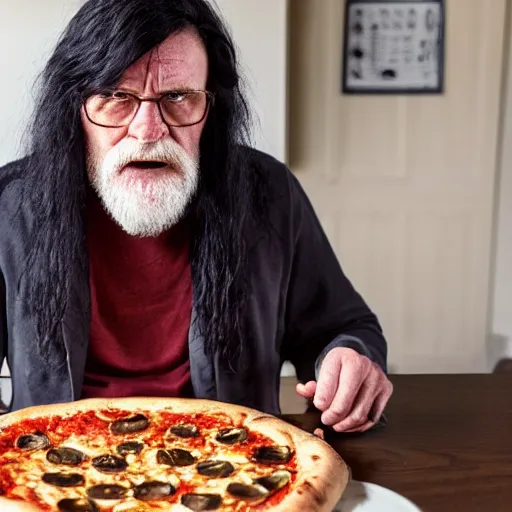 Prompt: a grumpy old danish man with long black hair eating pizza while DMing an AD&D game, D&D, rogue, dark hair, skinny, middle aged