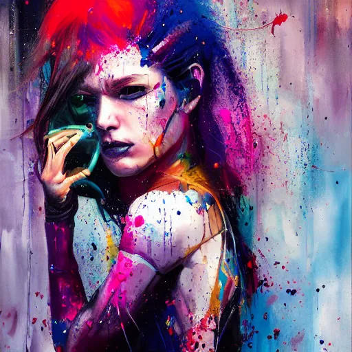 Prompt: a cyberpunk goddess, tomboy, side portrait, striking, defiant, spotlight, paint drips, paint splatter, vibrant colors, 1 9 years old, beautiful eyes, by marco paludet and gianni strino and marion bolognesi - n 4