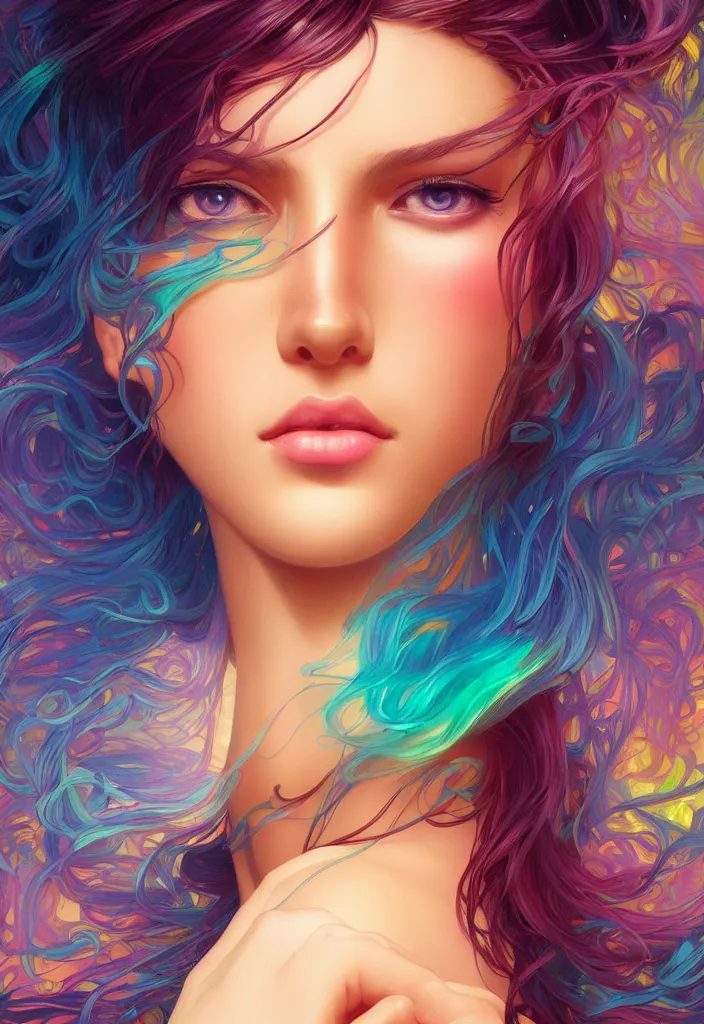 Image similar to beautiful, young woman, detailed gorgeous face, vaporwave aesthetic, synthwave, colorful, psychedelic, artstation, concept art, smooth, extremely sharp detail, finely tuned detail, ultra high definition, 8 k, unreal engine 5, ultra sharp focus, illustration, art by artgerm and greg rutkowski and alphonse mucha