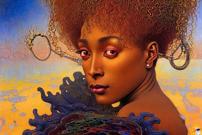 Prompt: realistic extremely detailed portrait painting of a beautiful black woman, city street on background by Jean Delville, Amano, Yves Tanguy, Ilya Repin, Alphonse Mucha, Ernst Haeckel, James C. Christensen, Edward Robert Hughes, Roger Dean, rich moody colours