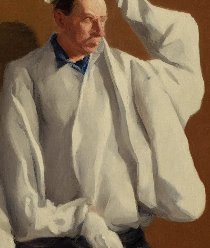 Prompt: a very detailed portrait of a man, wearing an open straitjacket, frontal view, in the style of edward hopper and oswald hornby joseph birley, very small brushstrokes, 4 k,