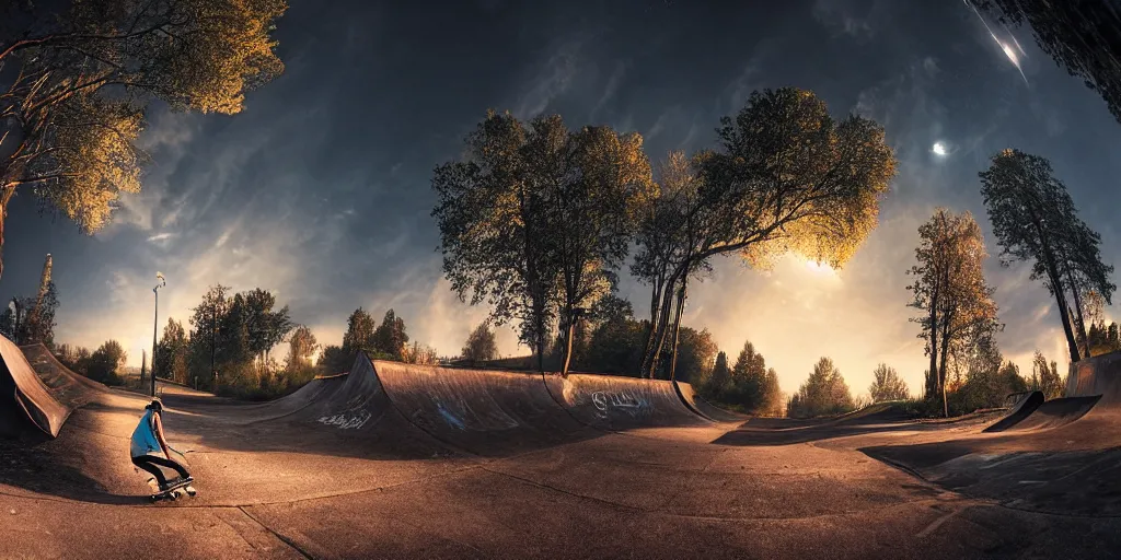 Image similar to a beautiful matte painting of a skateboarder gliding past graffiti, kick flip, village setting, log homes, dirt road, trees, fisheye lens, by Mikko Lagerstedt and Paul Lehr