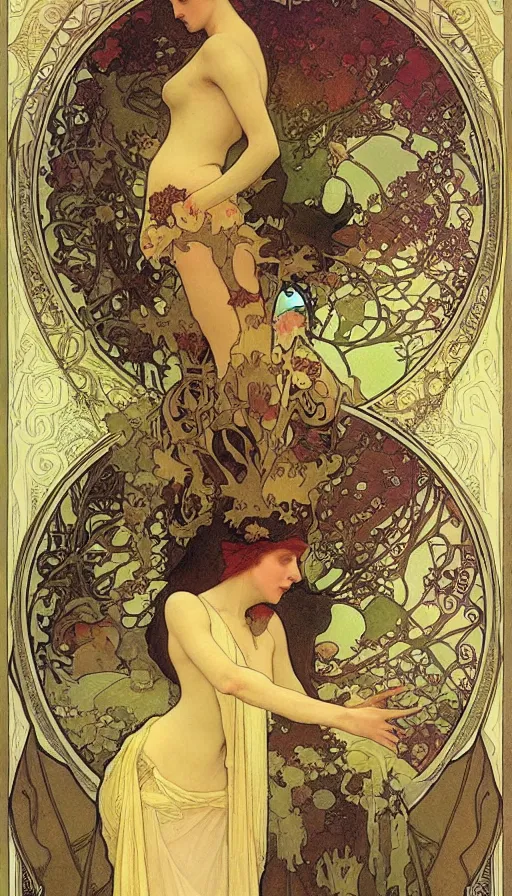 Prompt: life and death mixing together, by alfons maria mucha