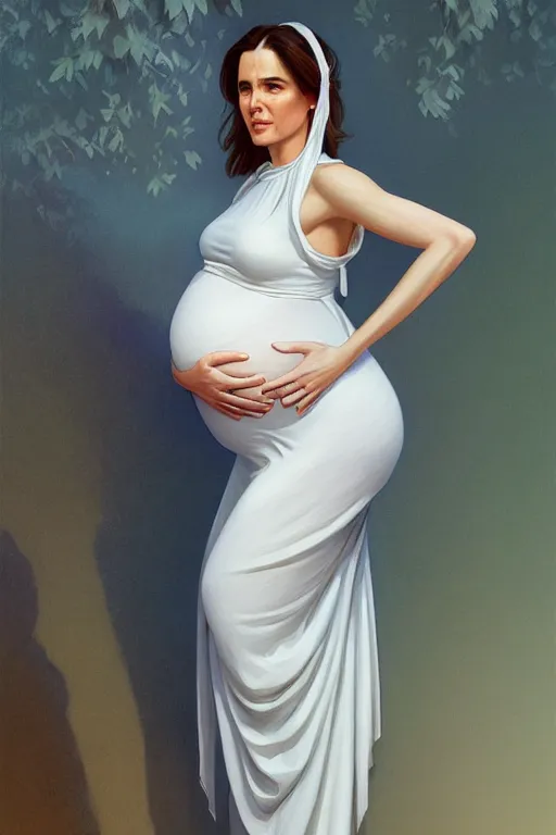 Image similar to very pregnant adam schiff in a thin white dress, realistic portrait, symmetrical, highly detailed, digital painting, artstation, concept art, smooth, sharp focus, illustration, cinematic lighting, art by artgerm and greg rutkowski and alphonse mucha