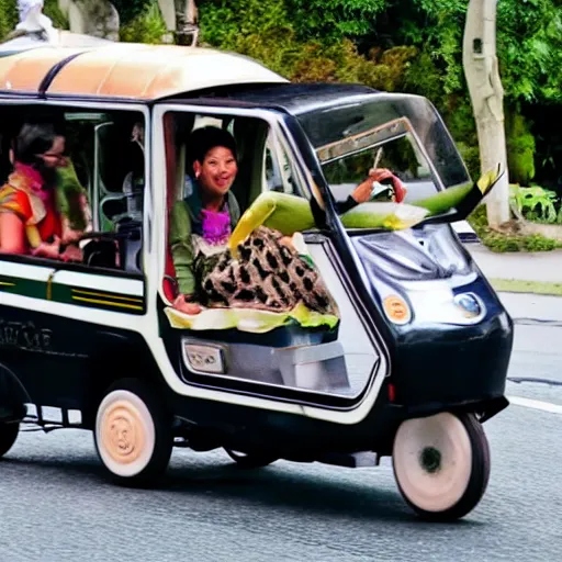 Image similar to a flying tuk tuk