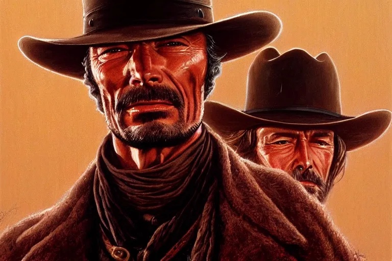 Image similar to close portrait of lee van cleef as a mean cowboy in pale rider ( 1 9 8 5 ). movie still, highly detailed, centered, digital painting, artstation, concept art, smooth, sharp focus, illustration, artgerm, tomasz alen kopera, peter mohrbacher, drew struzan