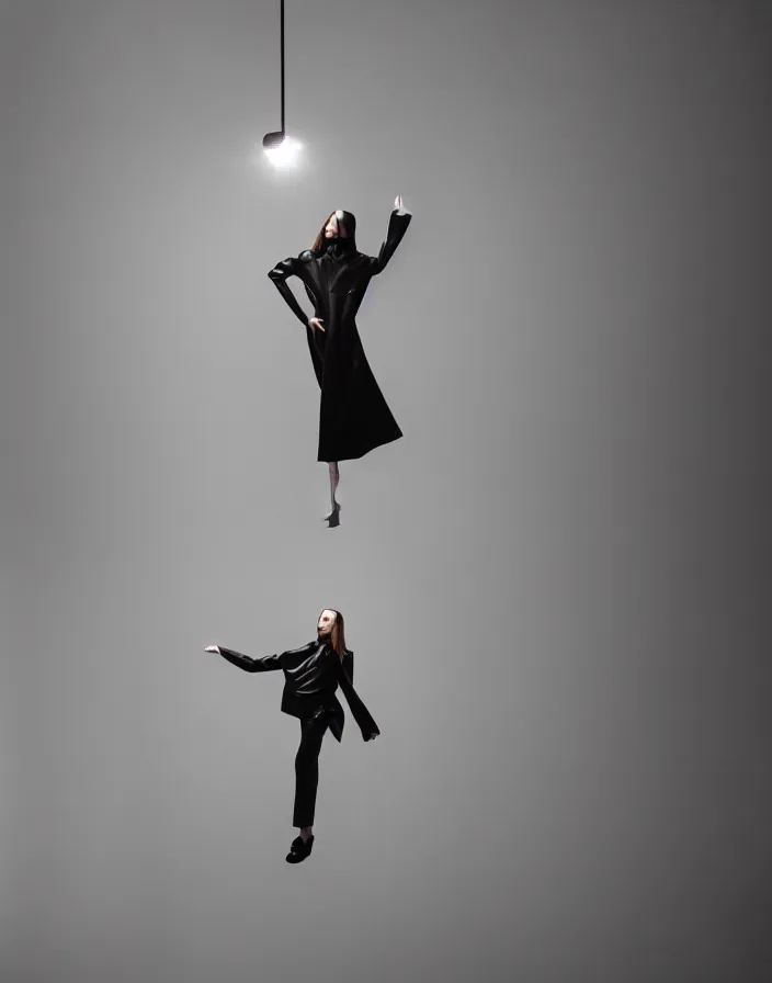 Image similar to high fashion portrait close - up of a lone model posing melodramatically in a slick fashionable zara raincoat jumping floating suspended mid - air over a wet rainy contemporary lighting art installation designed by james turrell, photography shot by steven meisel, dali, wes anderson, lily frank, symmetry, rule of thirds