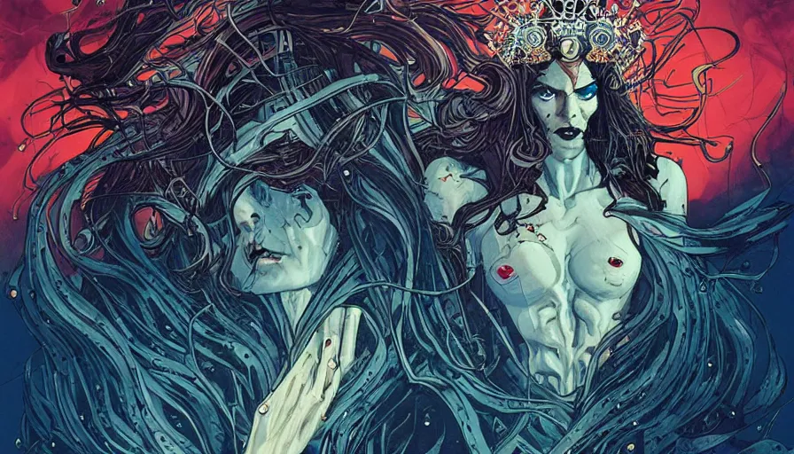 Prompt: the queen of the abyss from elden ring by sandra chevrier, wlop, moebius and kilian eng, atmospheric, fine details, vivid, neon, masterpiece