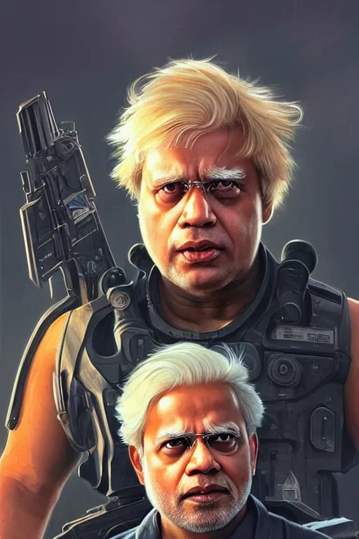 Image similar to Narendra Modi as Terminator, Boris Johnson hairstyle, full body realistic portrait, highly detailed, digital painting, artstation, concept art, smooth, sharp focus, illustration, cinematic lighting, art by artgerm and greg rutkowski and alphonse mucha