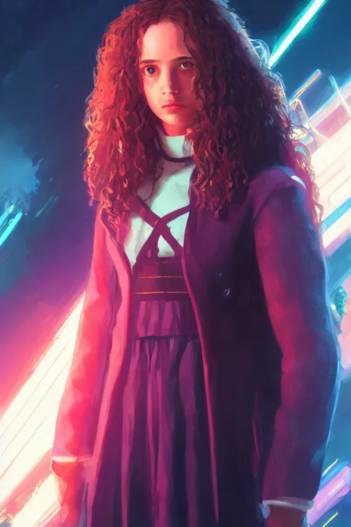 Image similar to portrait of Hermione Granger in cyberpunk, neon lighting, night city, digital art from artstation by Ruan Jia and Mandy Jurgens and Artgerm and william-adolphe bouguereau and Greg Rutkowski and Wayne Barlowe