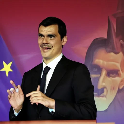 Image similar to pedro sanchez ( president of spain ) dressed as dracula at a press conference