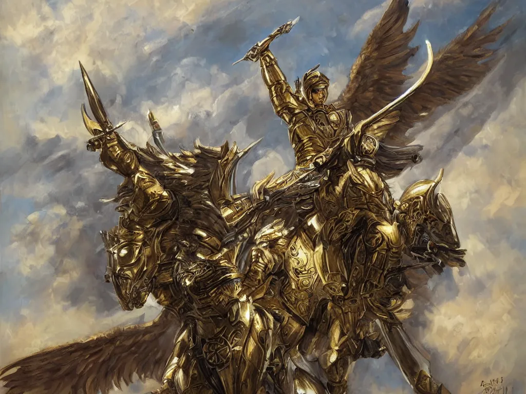 Prompt: valkyrie with golden armor on white pegasus, epic scene, painting in the style of brom, highly detailed