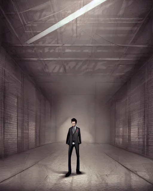 Image similar to Digital presidential anime art of Ivan Duque by A-1 studios, serious expression, empty warehouse background, highly detailed, spotlight