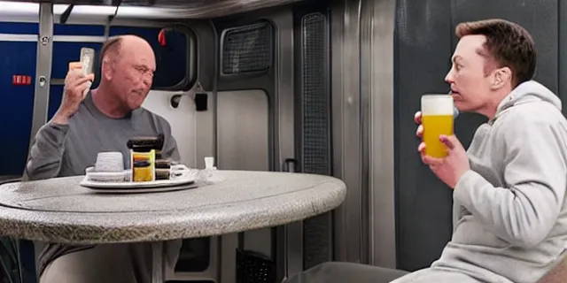 Image similar to full distant shot of balding elon musk in a tracksuit drinking beer in filthy trailer, by ken loach