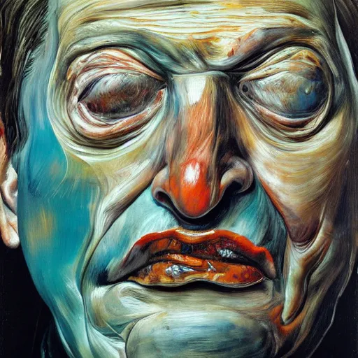 Prompt: high quality high detail painting of a man in agony by lucian freud and jenny saville and francis bacon, hd, anxiety, turquoise and orange