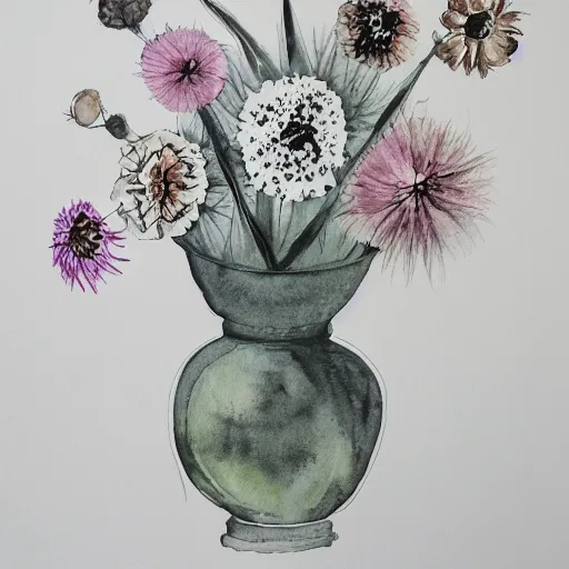 Image similar to monochrome watercolor high vase with dry flowers, background shifon