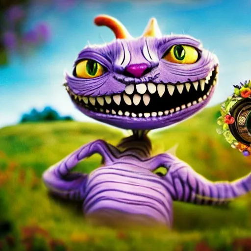 Image similar to the cheshire cat grinning, alice in wonderland, pixar, highly detailed intricate painting, long shot, 3 5 mm camera wide angle, cinematic