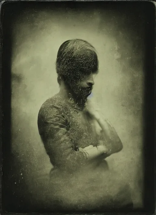 Image similar to old wetplate daguerreotype portrait, negative burn, explosion of data fragments, fractal, intricate, elegant, highly detailed, parallax, leica, medium format, subsurface scattering, by jheronimus bosch and greg rutkowski and louis jacques mande daguerre