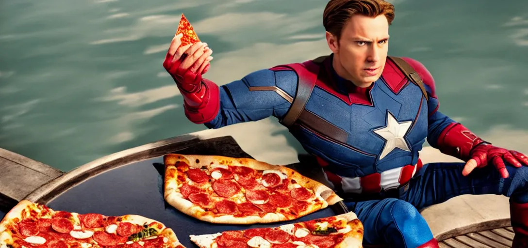 Image similar to a very high resolution image from a new movie. captain america eating pizza on a lake, photorealistic, photography, directed by wes anderson