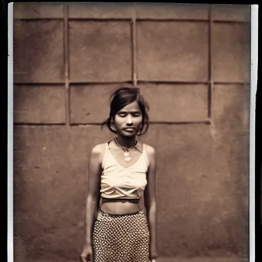 Image similar to 3 5 mm vintage polaroid picture of a nepali girl in the street of kathmandu, posing for playboy photoshoot