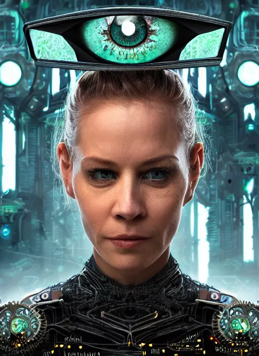 Image similar to 35mm portrait of intricate 7 of 9 borg with eye implant, on the background of a weird magical mechanical forest. Round gears visible inside her hear. Very detailed 8k. Fantasy cyberpunk horror. Sharp. Cinematic post-processing