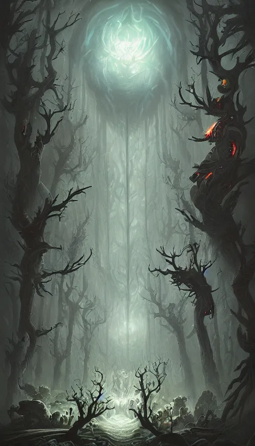 Image similar to a storm vortex made of many demonic eyes and teeth over a forest, by peter mohrbacher