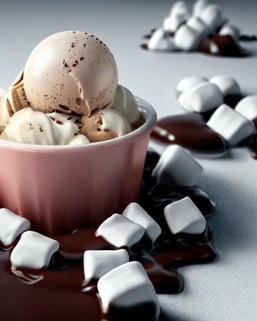 Image similar to ice cream sunday, delicious, glistening, chocolate sauce, marshmallows, highly detailed, award winning photography octane render