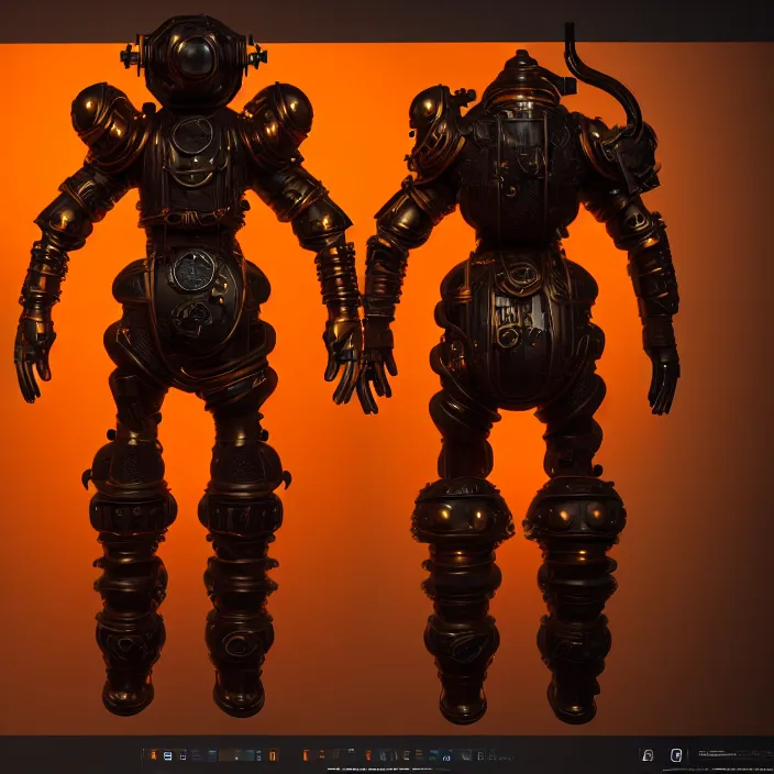Image similar to a character in a futuristic room, black and orange steampunk armor, highly detailed, render, vray, octane, realistic lighting
