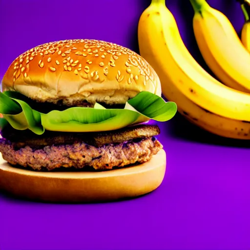 Image similar to a stock photo of a banana burger on a purple background, product photography, f 2. 4, bokeh effect, award winning