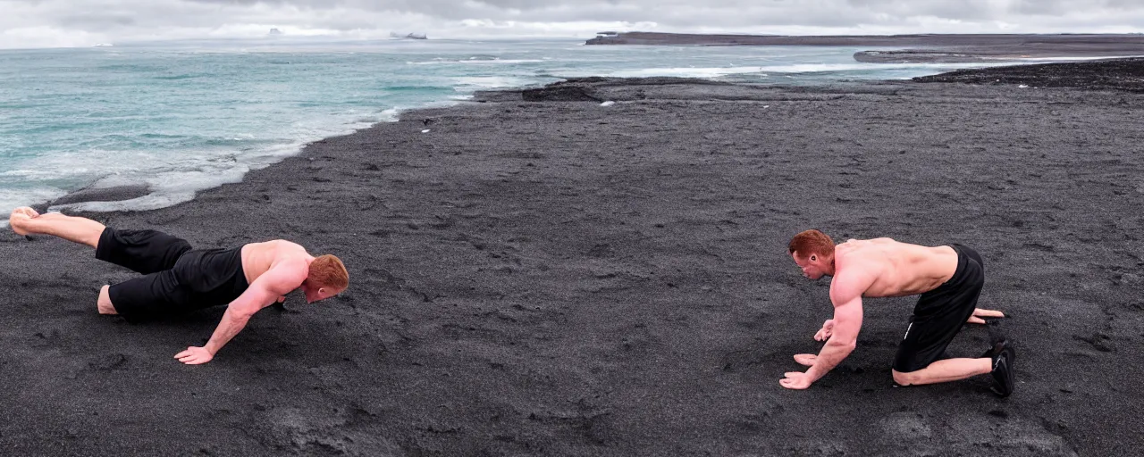 Prompt: cinematic shot of giant symmetrical ginger handsome gym bro doing pushups in the middle of an endless black sand beach in iceland with icebergs in the distance,, 2 8 mm