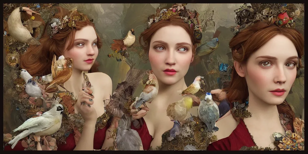 Image similar to face 3 d render of english princess holding birds, ornaments, mucha vibe, dieselpunk, solarpunk, artstation