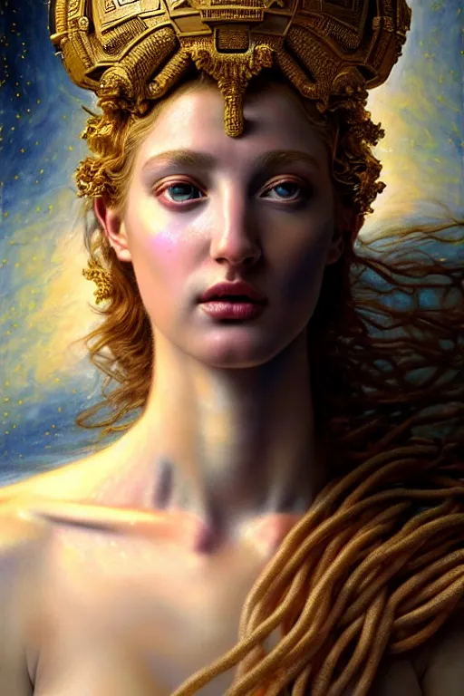 Image similar to hyperrealistic mixed media painting of beautiful greek goddess Venus, full body, stunning 3d render inspired art by P. Craig Russell and Barry Windsor-Smith + perfect facial symmetry + dim volumetric lighting, 8k octane beautifully detailed render, post-processing, extremely hyperdetailed, intricate, epic composition, grim yet sparkling atmosphere, cinematic lighting + masterpiece, trending on artstation, very very detailed, masterpiece, stunning