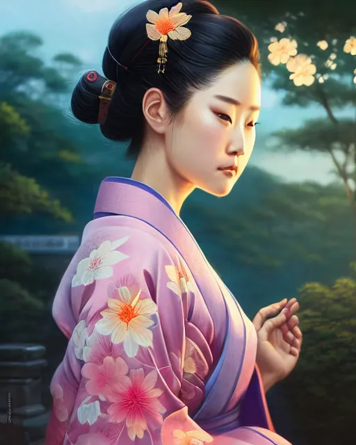 Image similar to a beautiful okinawa girl wear elegant yukata in festival | | summer night, realistic shaded, pleasant face, good looking, fine details, 4 k realistic, cryengine, realistic shaded lighting poster by greg rutkowski, magali villeneuve, artgerm, jeremy lipkin and michael garmash and rob rey