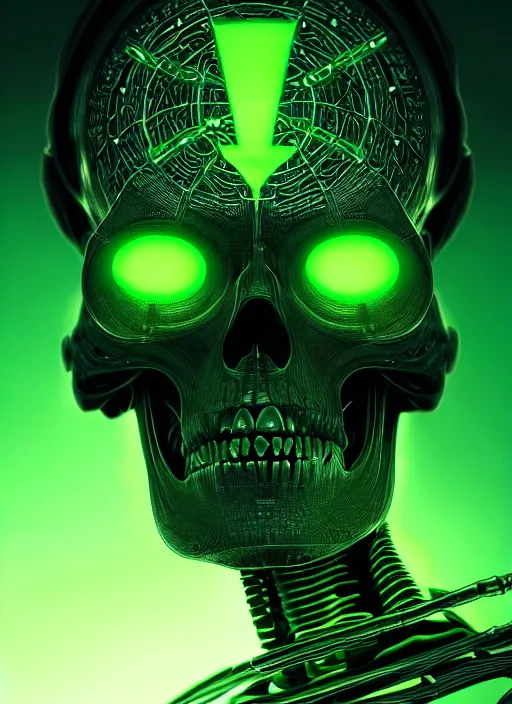 Image similar to extreme close up, portrait of a cyber skeleton, green glowing runes surrounding, exuding green energy runes, intricate, elegant, glowing lights, highly detailed, digital painting, artstation, concept art, smooth, sharp focus, illustration, art by wlop, mars ravelo and greg rutkowski