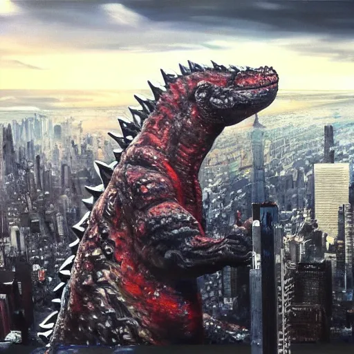 Image similar to a hyper-realistic studio oil-painting of a giant Godzilla destroying new-york; hyper-detailed; an extraordinary masterpiece!!!; flawless; trending on artstation