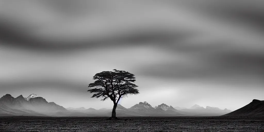 Prompt: award winning landscape photography by andy lee, lone tree in foreground with bright jagged mountains in background, morning light, moody, long exposure, ir photography, dramatic lighting, clouds