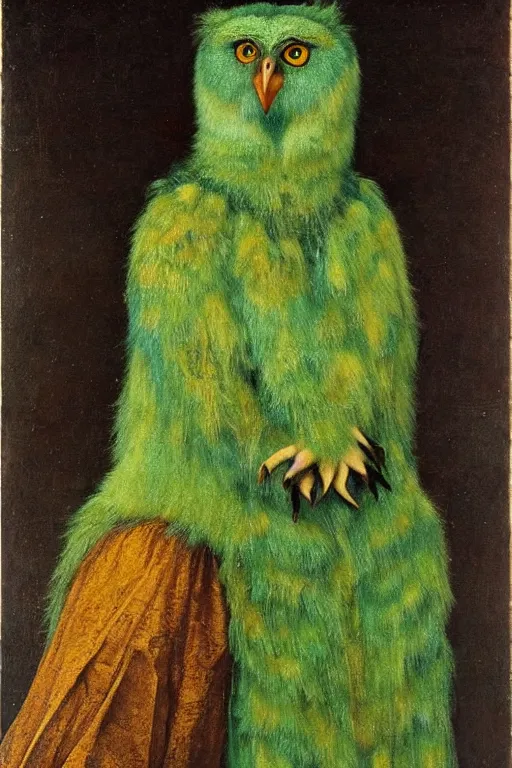 Prompt: portrait of humanoid iridescent green owlbear wearing a loose tunic. an anthropomorphic owlbear. fantasy, oil painting by jan van eyck, northern renaissance art, oil on canvas, wet - on - wet technique, realistic, expressive emotions, intricate textures, illusionistic detail