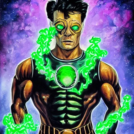 Prompt: ripped physique portrait Jim Carrey donning a Mysterio costume whilst brandishing a green glowing orb jean sebastien rossbach jeff easley jen bartel