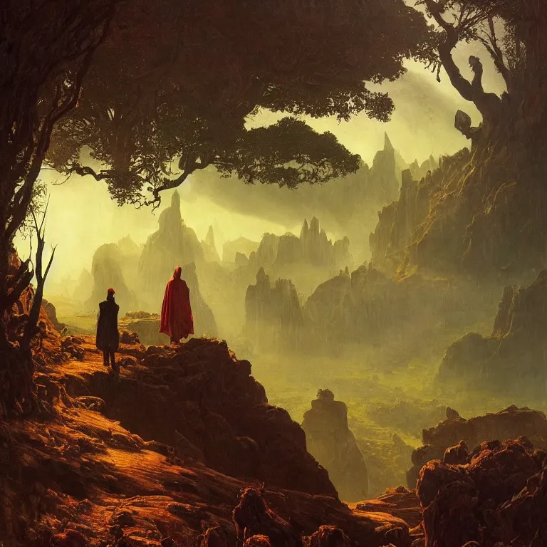 Image similar to a detailed landscape painting inspired by moebius and beksinski of a great forest with path and man with a cape over his head. fantasy poster. cinematic fantasy scene. aurora lighting. fantasy. carl spitzweg. baroque elements. baroque element. intricate artwork by caravaggio. oil painting. award winning. dramatic. trending on artstation. 8 k