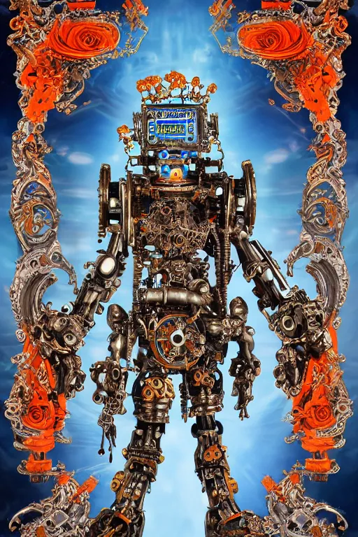 Image similar to full-body rococo and cyberpunk style sculpture of a young handsome Aztec prince half chrome robot with a chest opening exposing circuitry and a sparking motherboard, glowing blue lasert eyes, crown of mechanical gears and roses, flowing orange-colored silk, fabric, steampunk archways. baroque elements, human skull. full-length view. baroque element. intricate artwork by caravaggio. many many birds birds on background. Trending on artstation, octane render, cinematic lighting from the right, hyper realism, octane render, 8k, depth of field, 3D