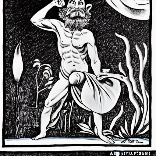 Image similar to A satyr scribe, by Terry Oakes, Art Spiegelman, Strobe light, Dynamic Perspective, Half rear lighting, High dynamic range, Noon