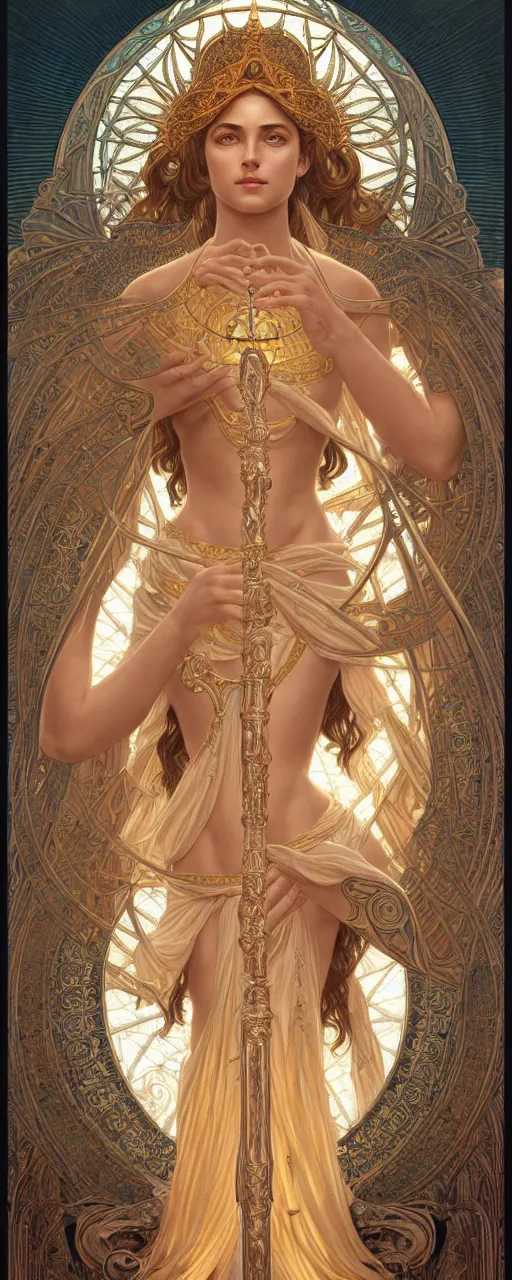 Prompt: perfectly detailed esoteric goddess of scales judgement tarot card!! blessed by nature with ever - increasing physical mental perfection, symmetrical! intricate, sensual features, highly detailed, biblical divine holy perfection!! digital painting, artstation, concept art, smooth, sharp focus, illustration, art by artgerm and greg rutkowski and alphonse mucha