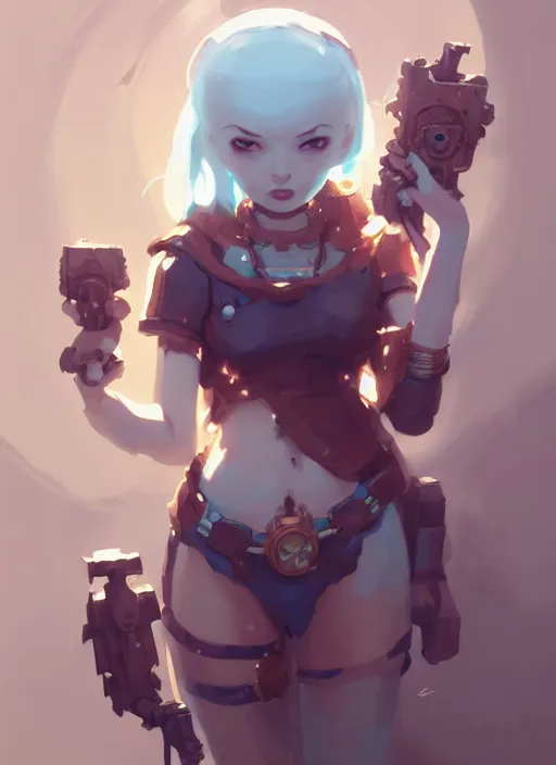 Image similar to portrait of cute psyker girl chained, warhammer 4 0 k, by atey ghailan, by greg rutkowski, by greg tocchini, by james gilleard, by joe gb fenton, by in kaethe butcher, dynamic lighting, gradient light blue, brown, blonde cream and white color in scheme, grunge aesthetic