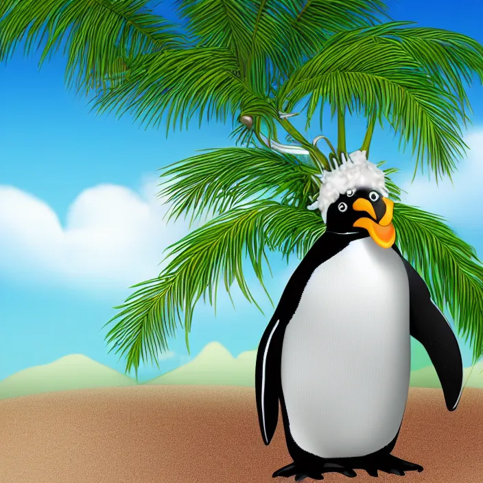 Image similar to penguin with a palm tree growing on its head, cartoon style