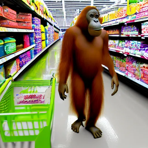 Prompt: orangutang shopping in walmart, photorealistic, coherent, detailed