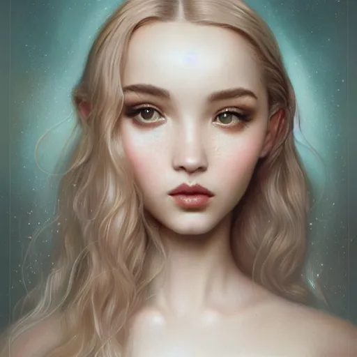 Prompt: tom bagshaw portrait, beautiful asian mix of dove cameron madison beer bella poarch in a full dress body, etheral makeup, ornamentals, professionally retouched, focus eyes, ultra realistic soft painting, insanely detailed linework, symmetrical accurate intricate features, behance, 8 k