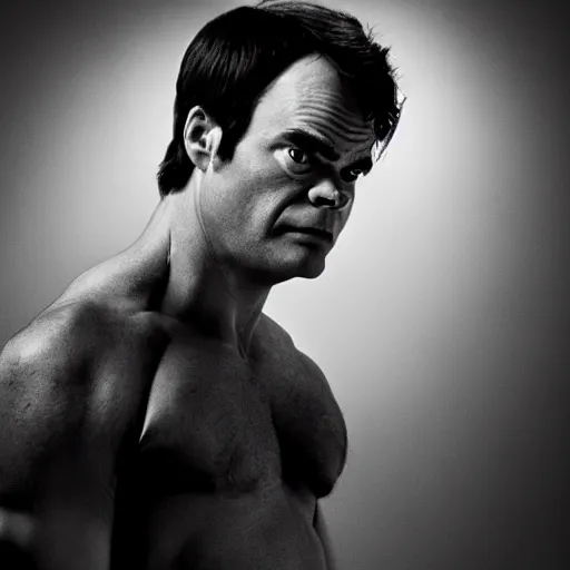 Image similar to Bill Hader as the Incredible Hulk, symmetrical, scowling, studio lighting, depth of field, photography, black and white, highly detailed